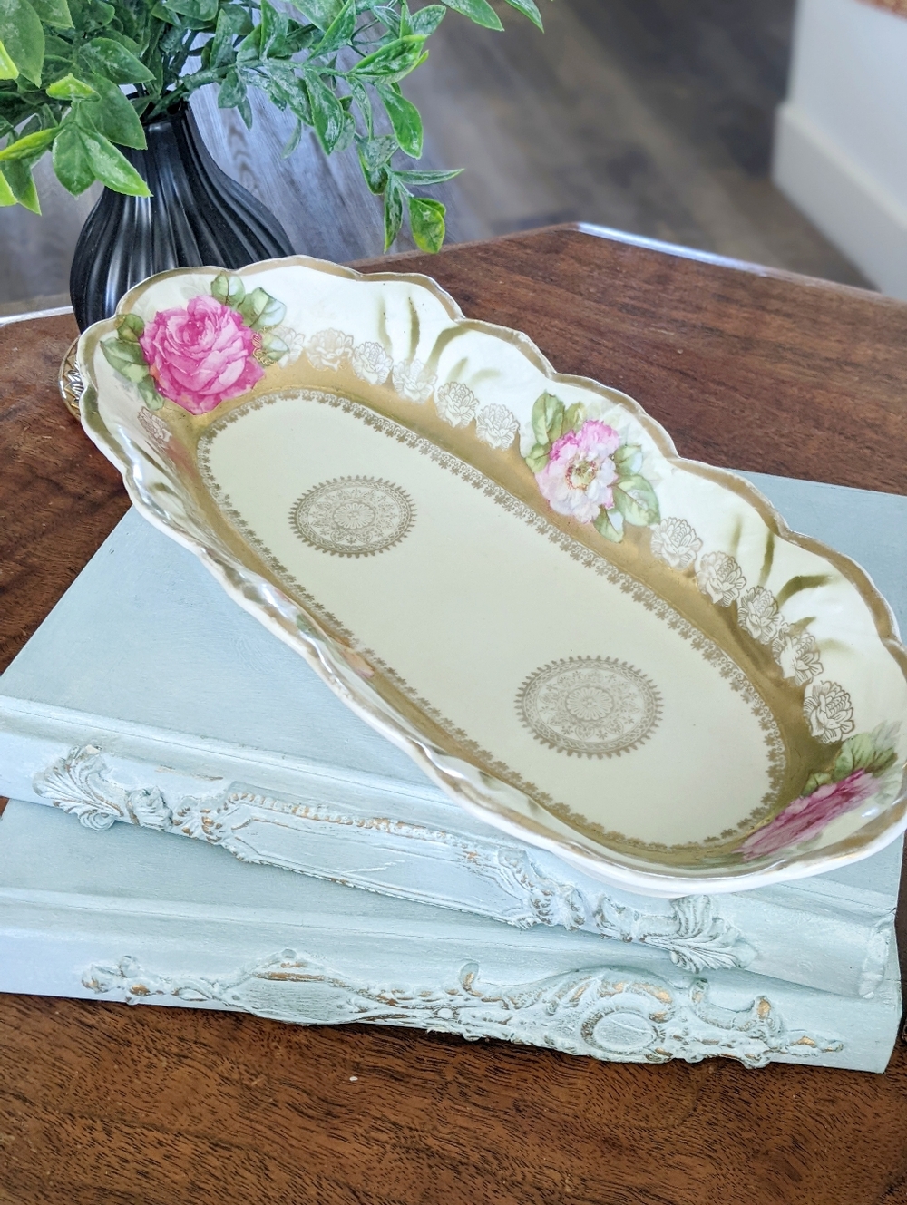 Antique GermanFloral Porcelain Celery Dish/Tray with Pink And Gold Peonies Motif
